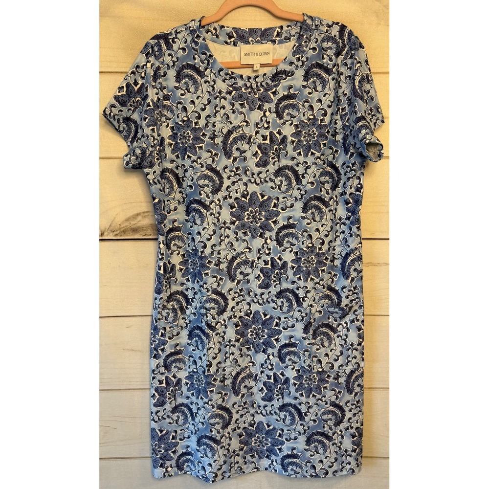 Smith & Quinn Blue Floral Paisley Short Sleeve Shift Dress Large